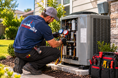 HVAC technician kneeling beside outdoor AC unit, using gauges and tools during maintenance