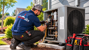Technician kneeling beside an outdoor HVAC unit, using tools during maintenance.