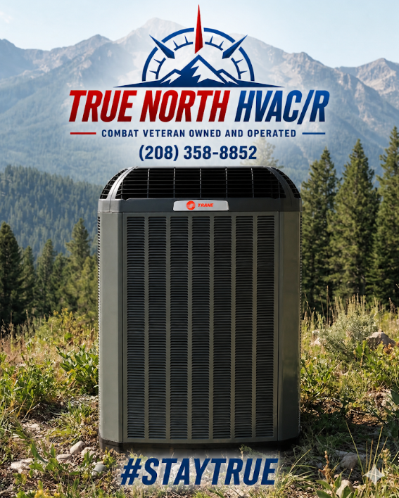 True North HVAC/R ad with an outdoor AC unit, mountain backdrop, phone number, and #StayTrue