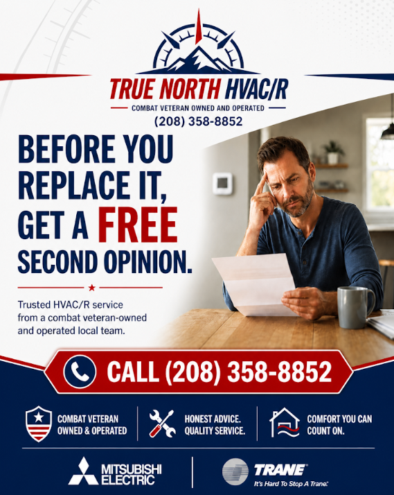 True North HVAC/R ad: “Before you replace it, get a free second opinion” with a man at a table and phone number