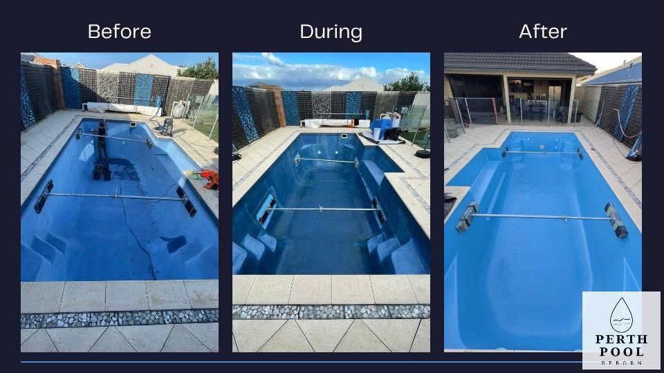 Before, during, and after image of a swimming pool which requires resurfacing.