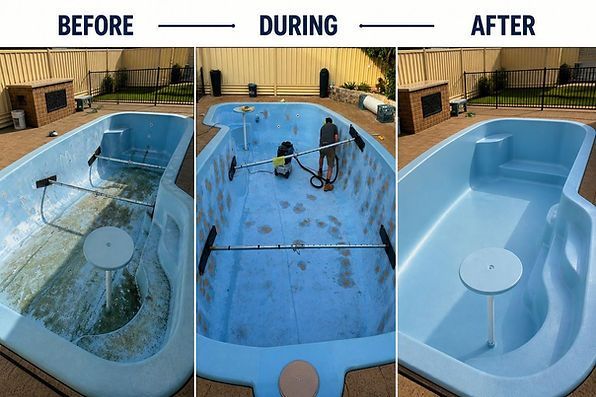 Before, during, and after pool resurfacing showing a worn pool transformed into a smooth blue finish