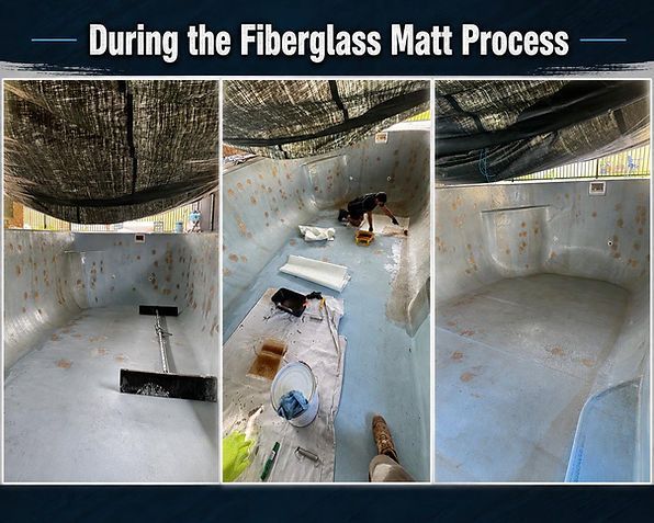 Fiberglass mat being applied inside a white boat hull under construction, with tools and materials laid out.