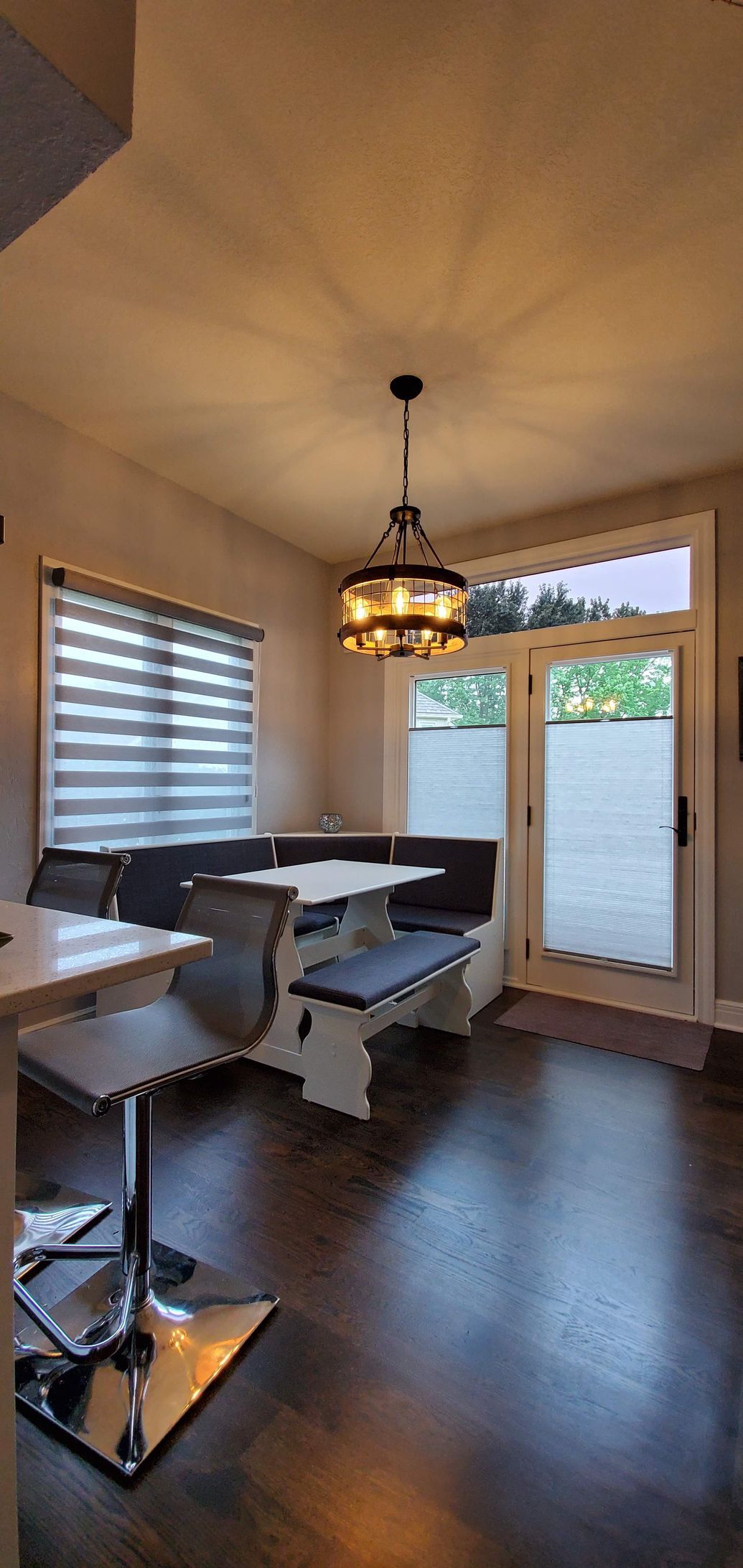Solar Shield Banded Shades and Honeycomb Shades installed in eat in kitchen