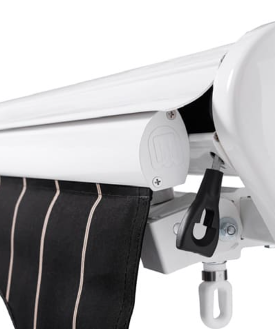 A black and white striped awning with a white frame