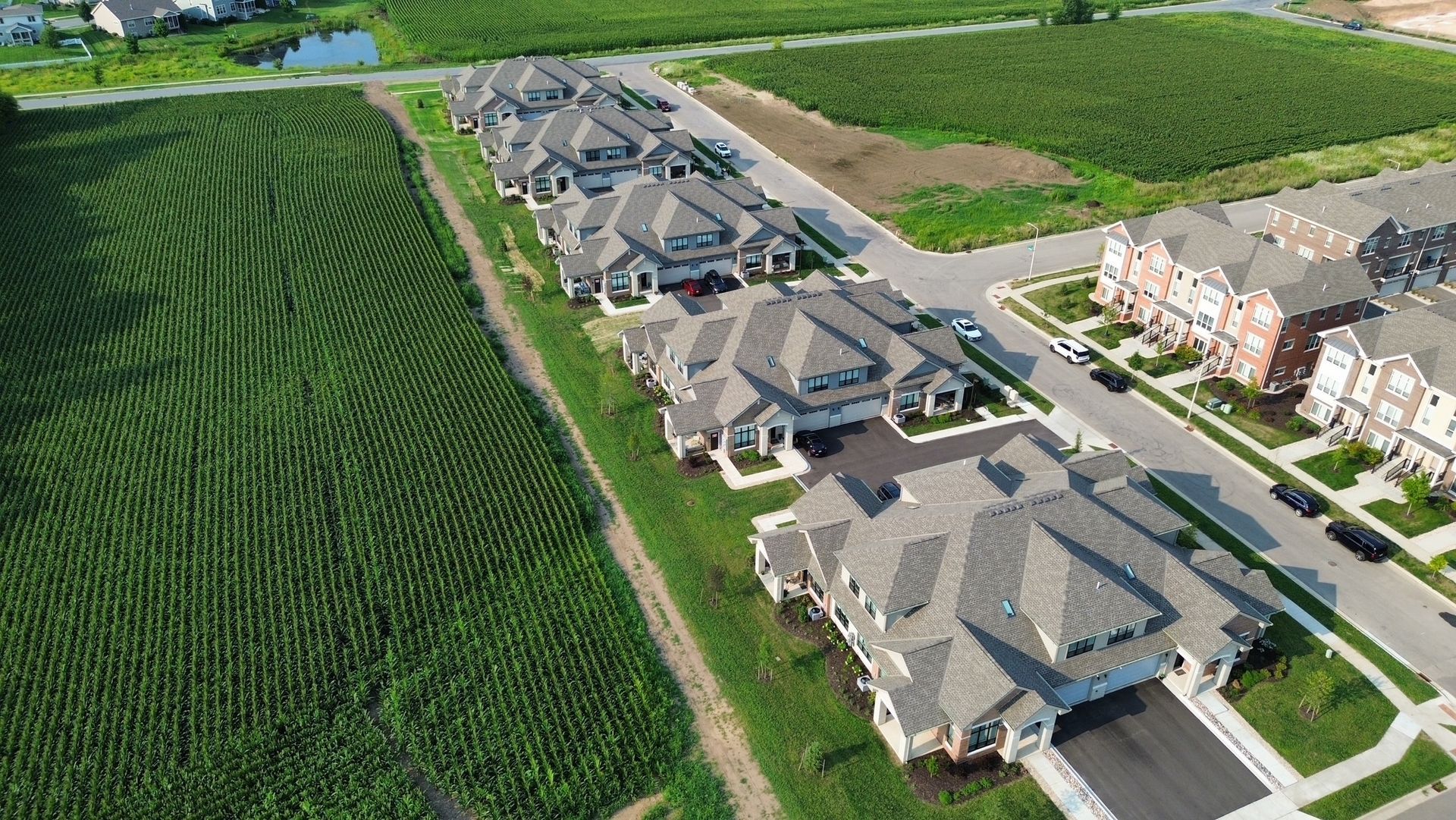 Aerial view of a suburban neighborhood beside green cornfields and a road
