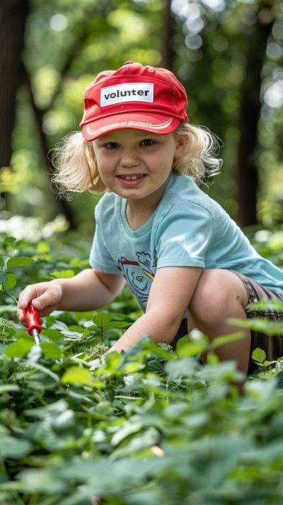Child in a red cap smiling while playing in green plants outdoors in Tamborine Mountain