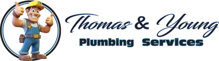 Logo for Thomas & Young Plumbing Services. Cartoon plumber giving thumbs up inside a circle.