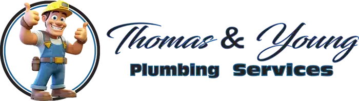 Logo for Thomas & Young Plumbing Services. Cartoon plumber giving thumbs up inside a circle.