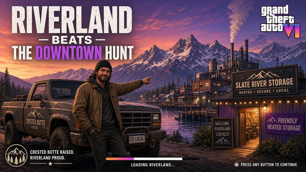 GTA-style illustration of a Crested Butte local choosing Riverland Drive heated storage instead of hunting downtown