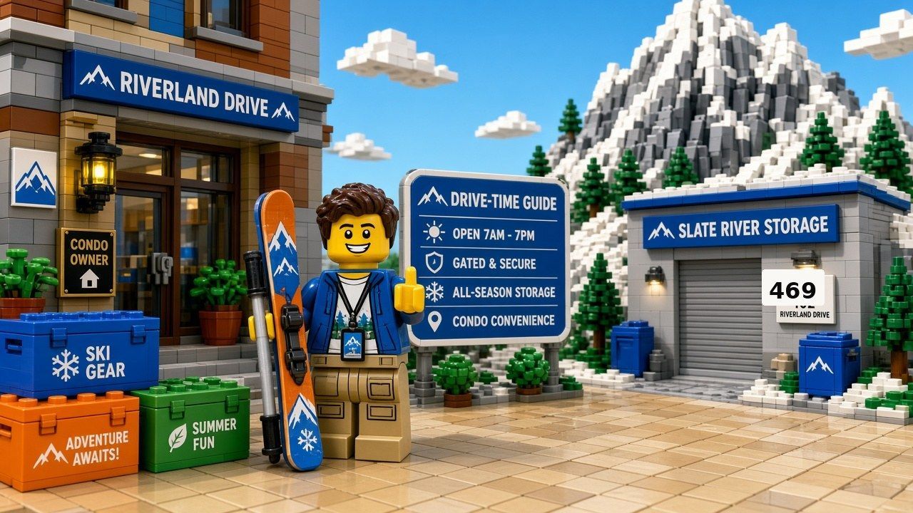 LEGO-style condo owner with skis beside a mountain and Riverland Drive storage building