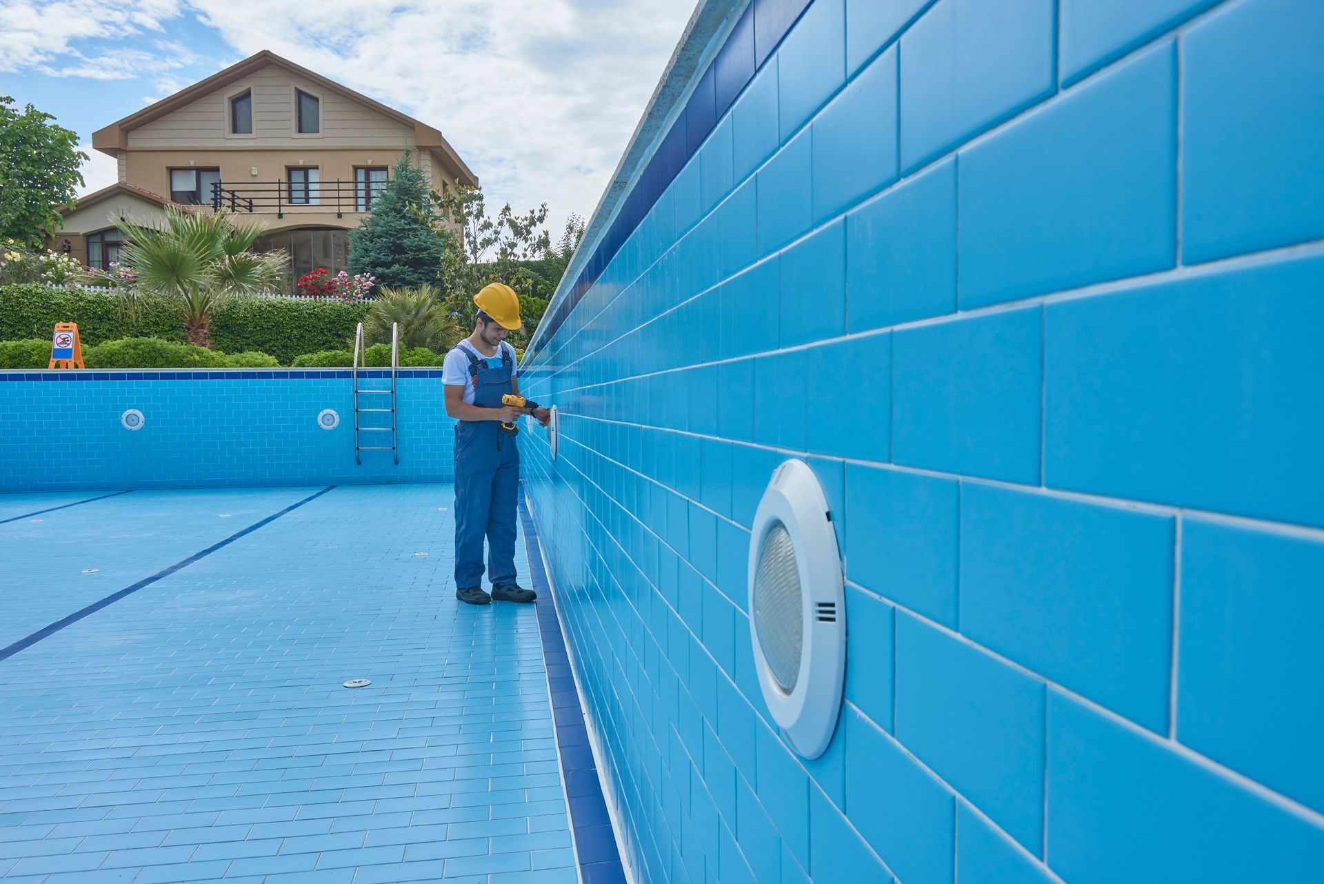 Worker in overalls repairs a blue-tiled swimming pool.