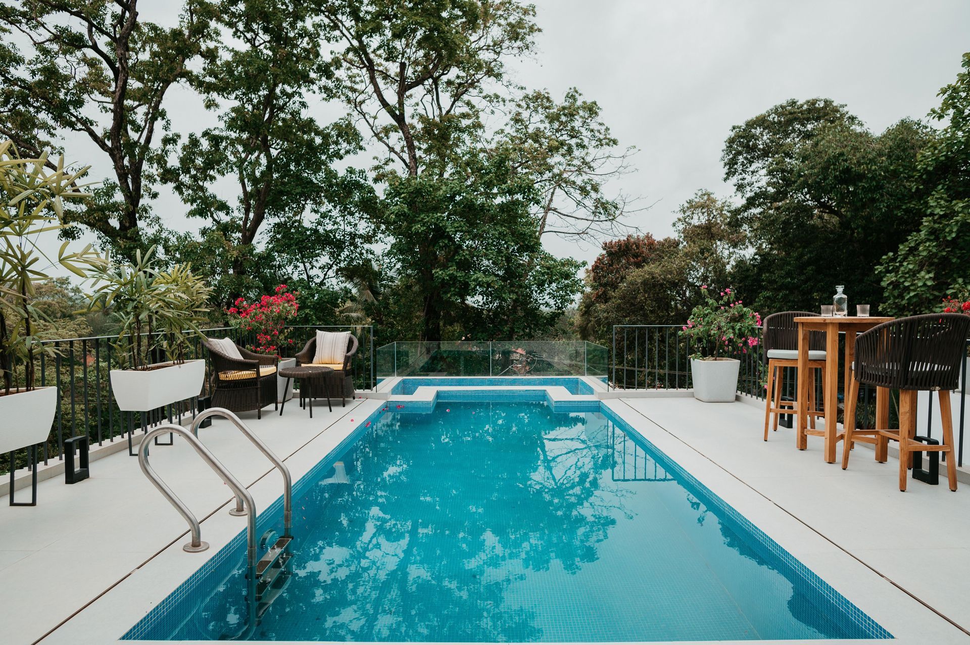 Rectangular pool with blue tiles, on a white deck, surrounded by trees. 