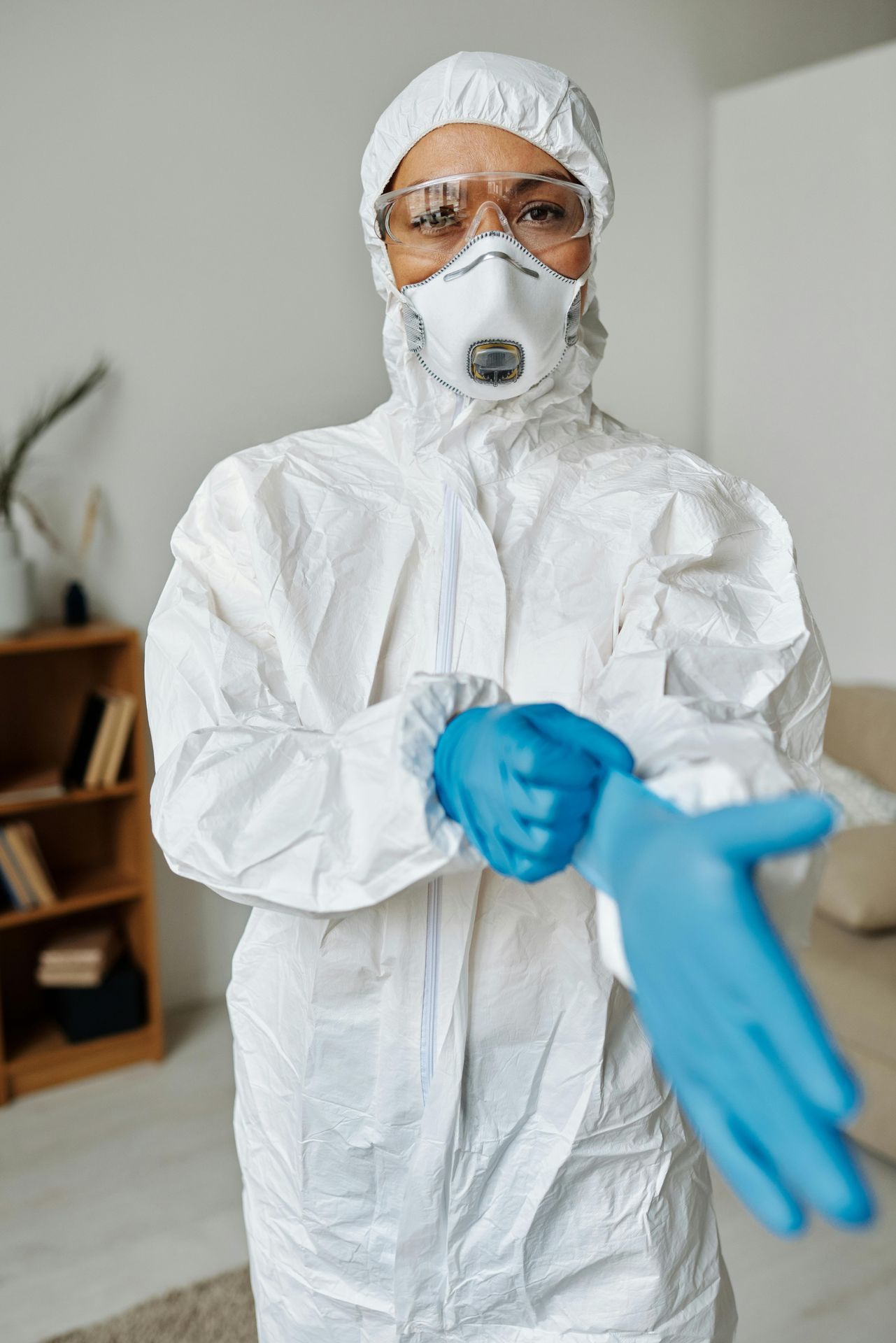 Persona con traje de protección química blanco poniéndose un guante azul, con gafas protectoras y respirador.