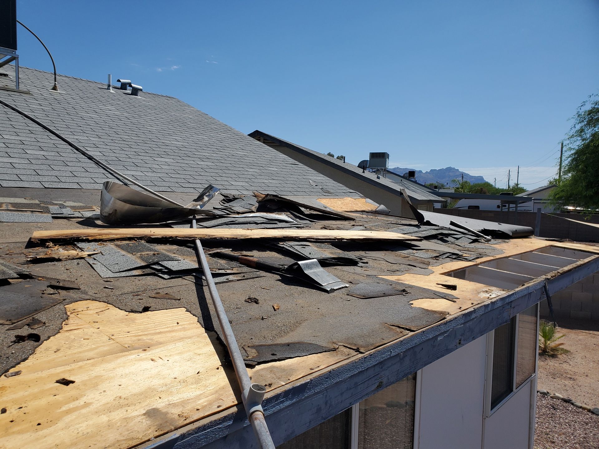 The old roof was stripped down during replacement work. The old roof was stripped down during replacement work.