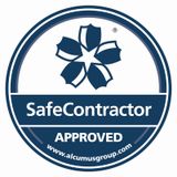 SafeContractor Approved logo with blue circular emblem and white flower-like symbol