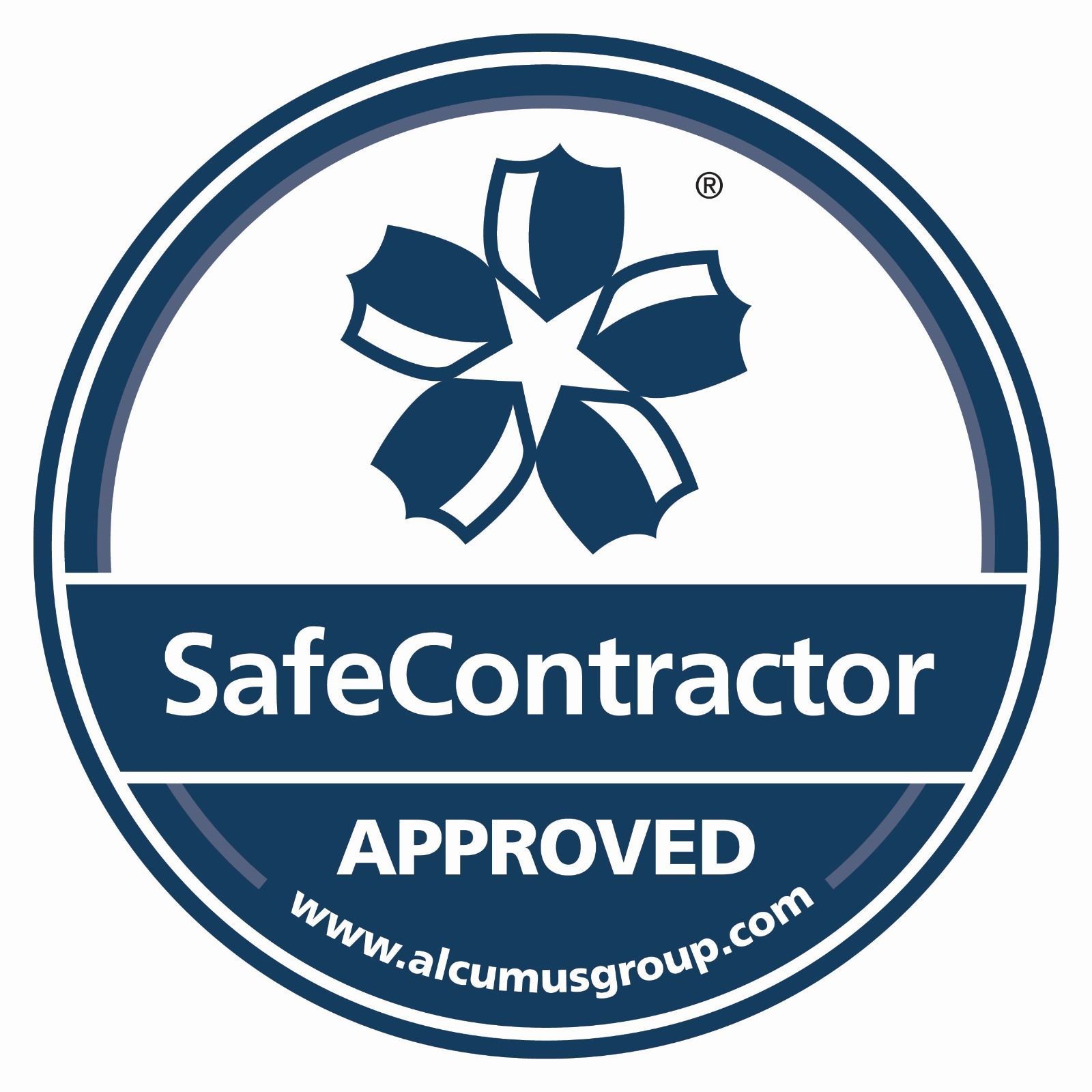 SafeContractor Approved logo with blue circular emblem and white flower-like symbol