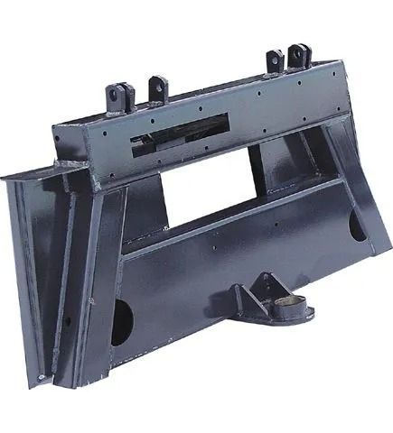 Gray metal mounting bracket with hinged panels and cutouts, shown on a white background