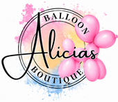 Alicias Boutique logo with pink balloons and watercolor splashes