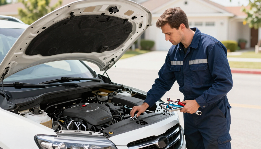 Mechanic inspecting a car engine with the hood open in a driveway