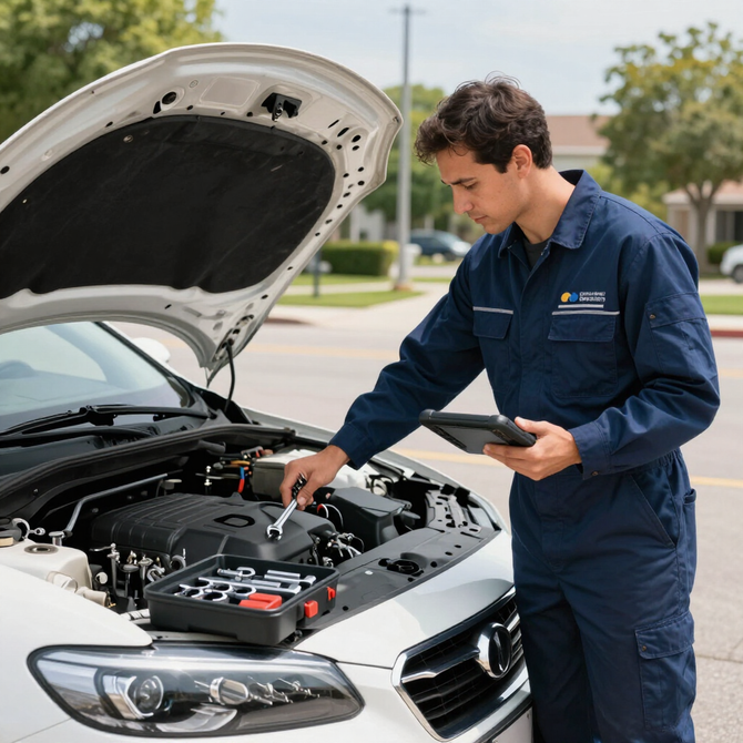 Mechanic checking a car engine with a tablet, hood open at a roadside service area