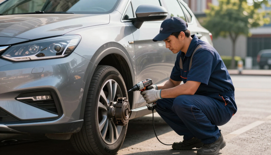 Mechanic working under an open car hood with colorful hoses in an auto repair shop