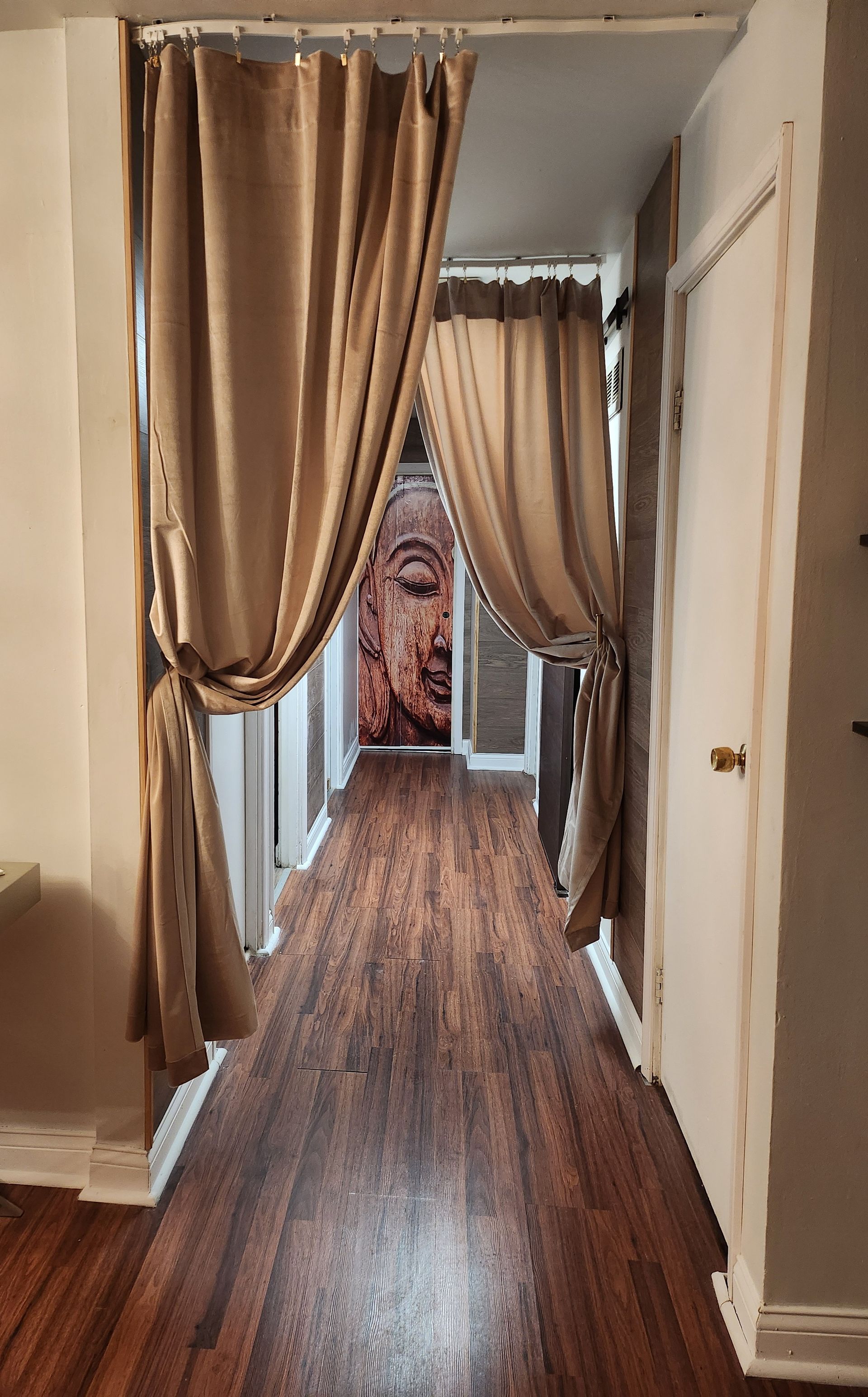 A hallway with hardwood floors, brown curtains, and white doors. At the end, a vibrant mural is visible.