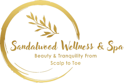 Sandalwood Wellness & Spa Logo for Sandalwood Wellness & Spa: Gold circle and leaves frame text,