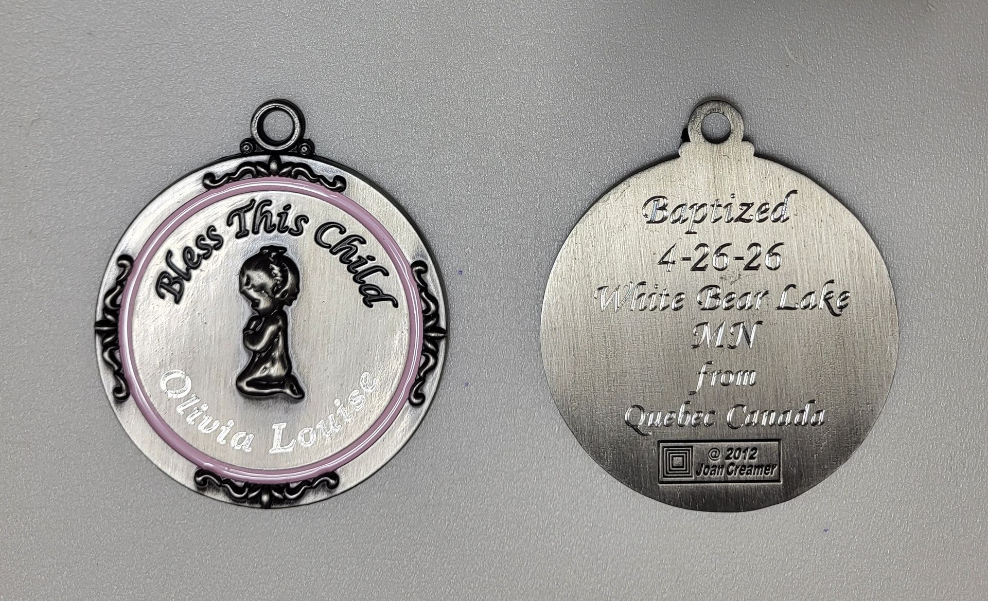 Two-sided silver memorial pendant with Celtic design and engraved text