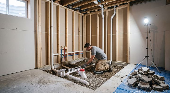 Plumber installing basement piping with basement finishing service in Liberty, MO for a future bathroom addition.