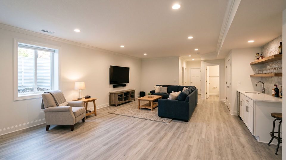 Finished basement with fresh walls completed through basement finishing service in Liberty, MO for added home value.