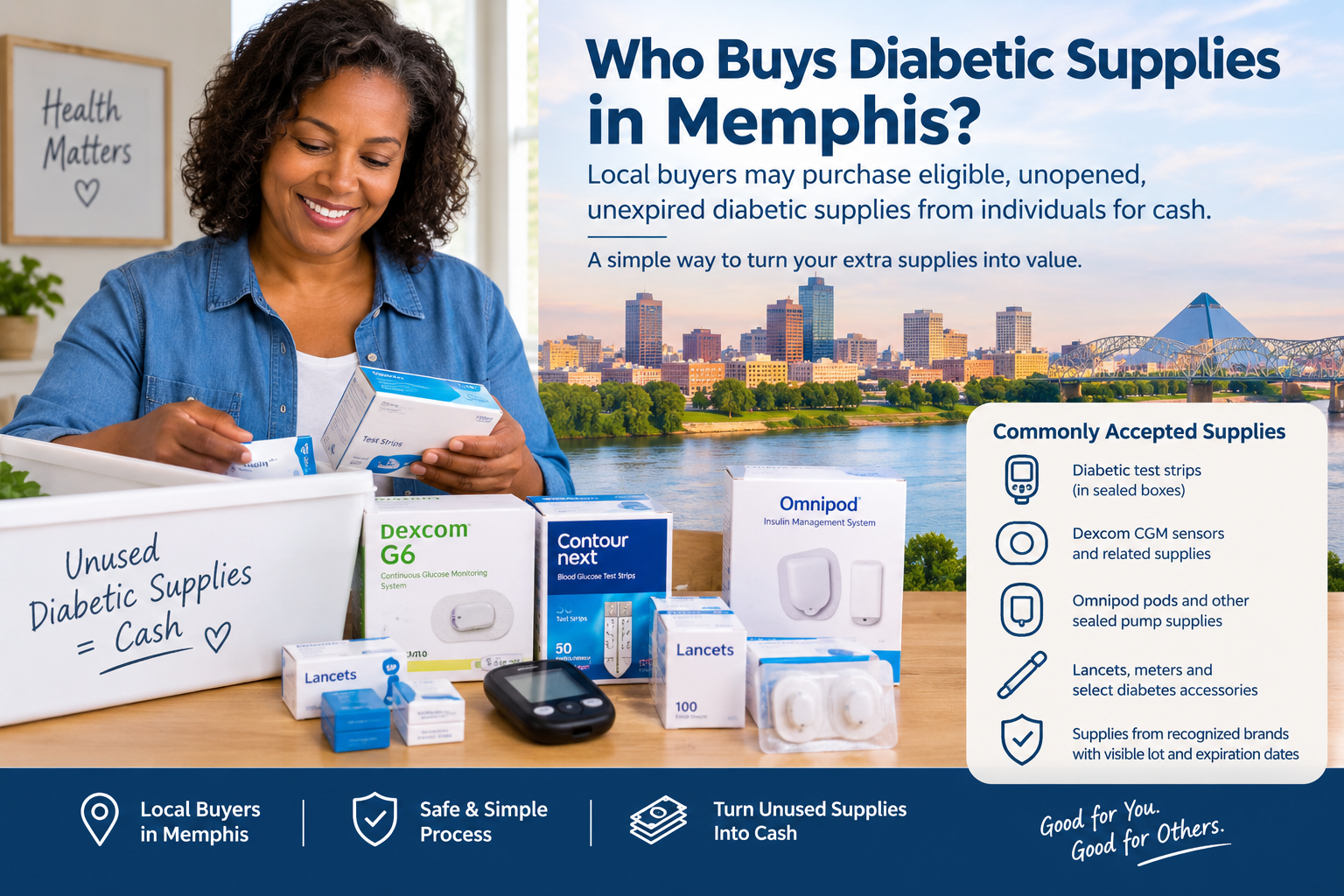 Photorealistic Memphis homeowner organizing unused diabetic supplies