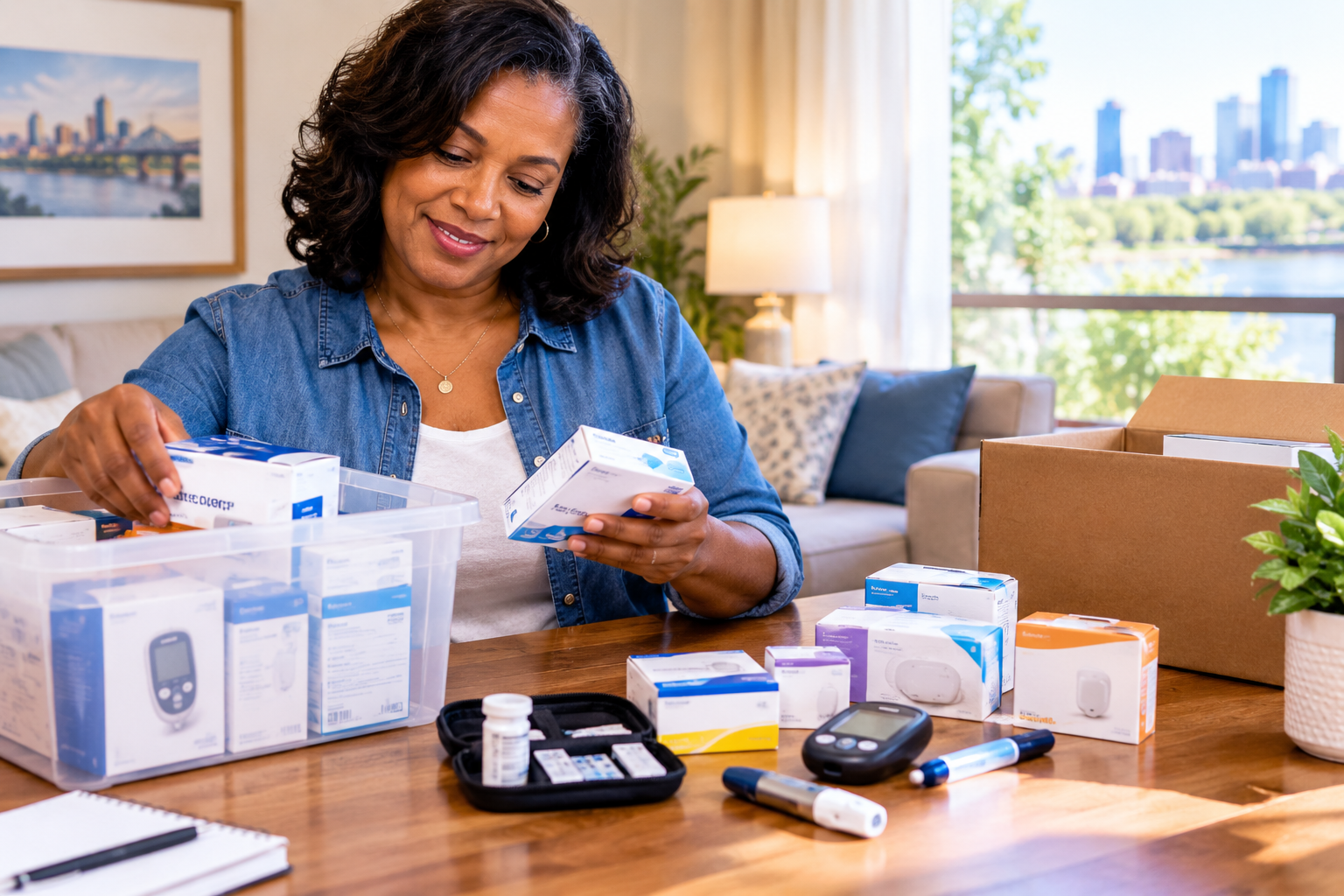 Photorealistic close-up of sealed diabetic test strip and CGM supply boxes being checked for expiration dates