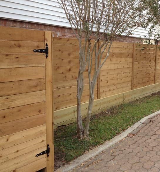 Wooden privacy fence beside a paved walkway, with a small tree growing in a narrow grass strip.