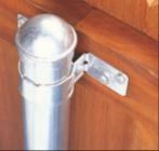 Close-up of a silver metal pole secured to a wooden floor with a hinged bracket.