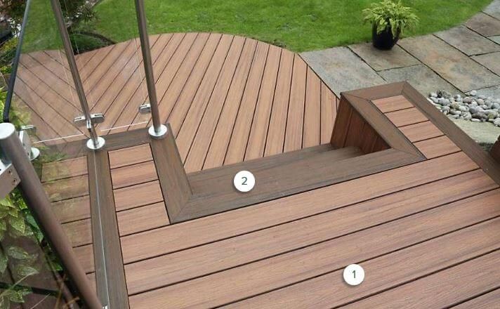 Wooden deck with a square recessed planter or cutout, bordered by a raised step and metal railing posts.