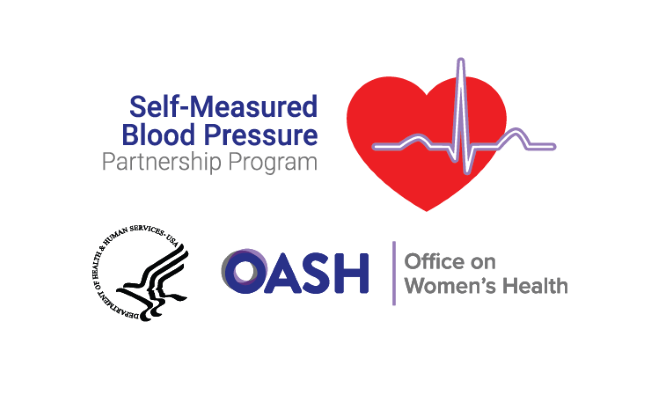 Self-Measured Blood Pressure Partnership Program and OASH Office on Women’s Health logos with red heart icon