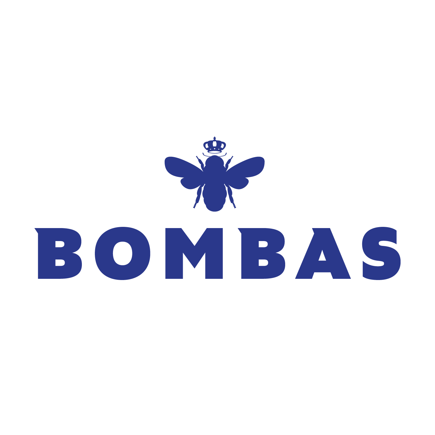 Bombas logo with blue bee icon above bold blue text on a white background