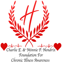 Red laurel wreath with heartbeat line and hearts, plus text for Charlie E. & Minnie P. Hendrix Foundation for Chronic Illness Awareness