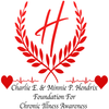 Red laurel wreath with heartbeat line and hearts, plus text for Charlie E. & Minnie P. Hendrix Foundation for Chronic Illness Awareness