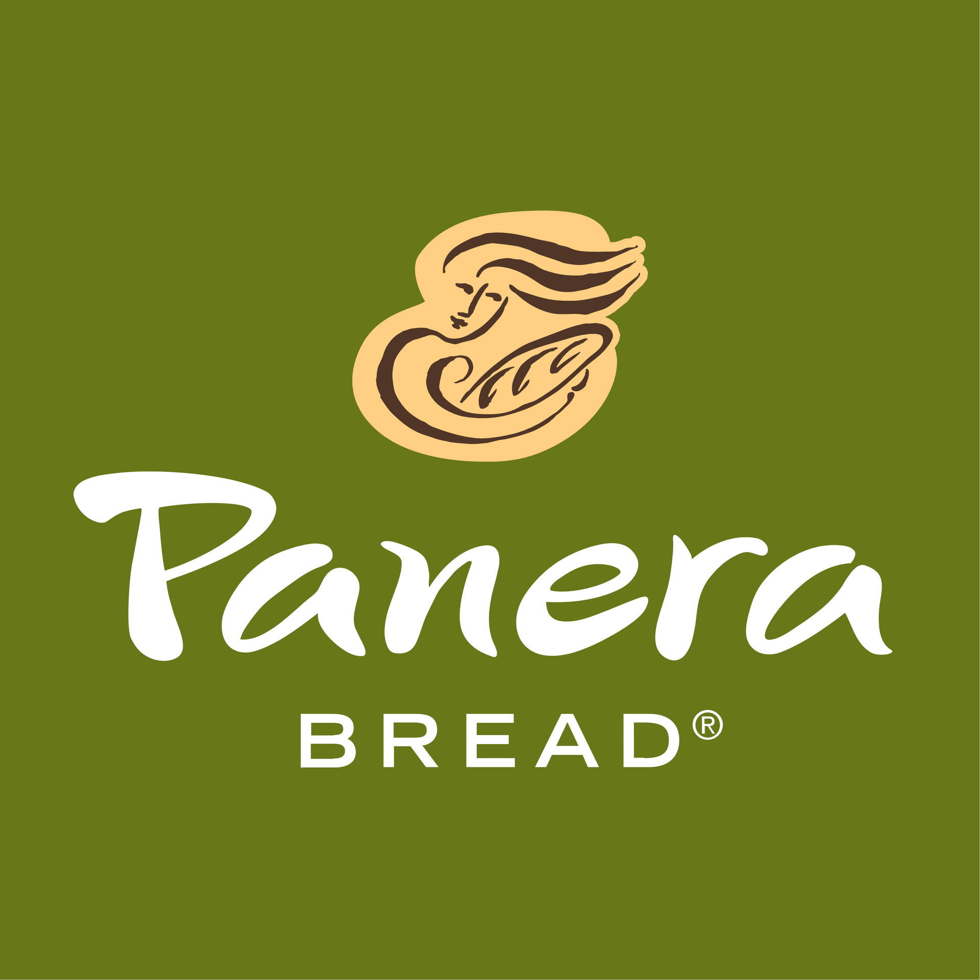 Panera Bread logo on an olive green background with tan bread icon and white text