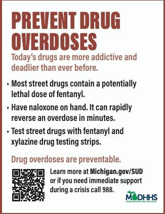 Poster urging drug overdose prevention with fentanyl and xylazine test strips, naloxone, and crisis help info.