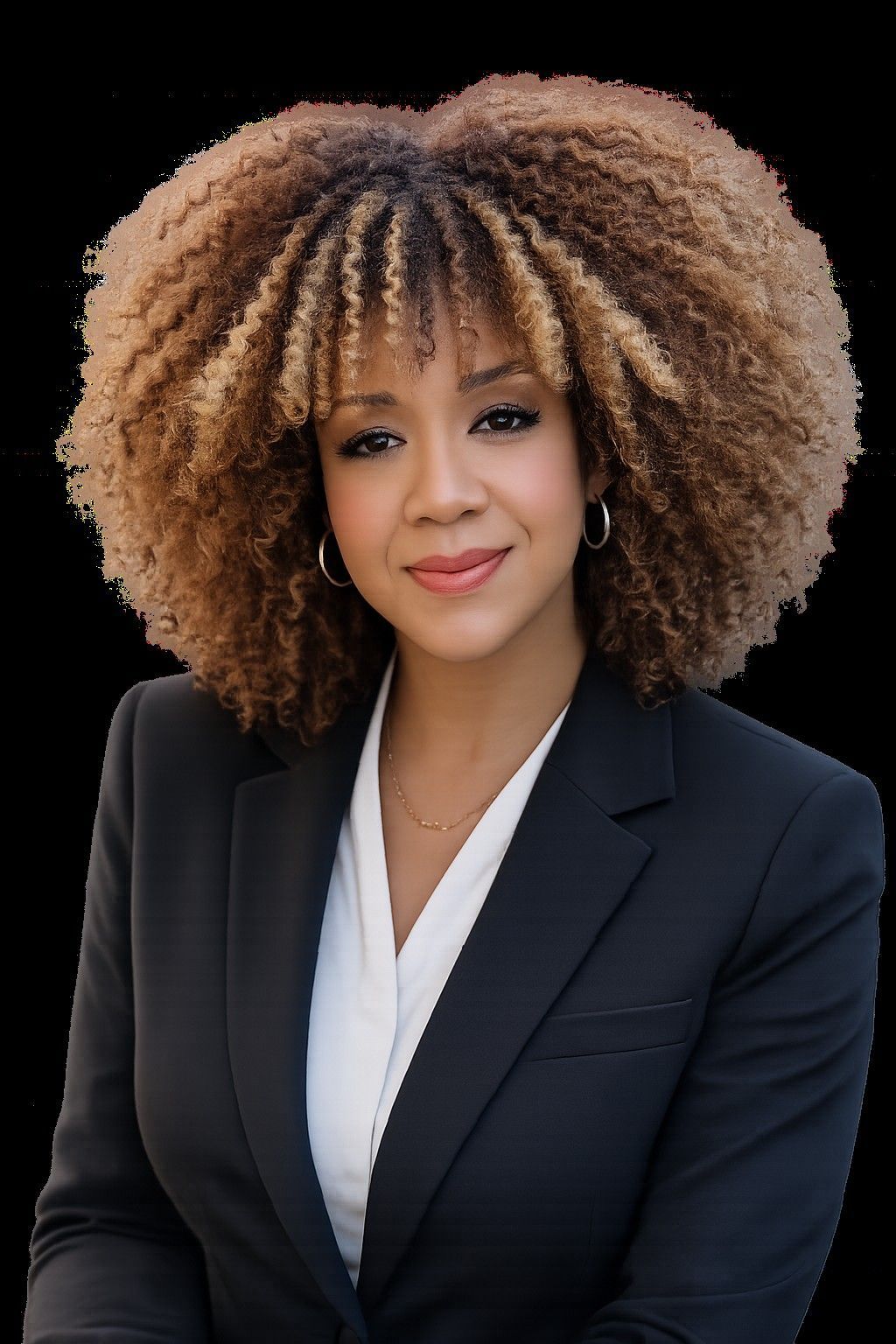 Close-up portrait of a smiling person with curly hair wearing a brown turtleneck.