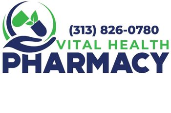 Vital Health Pharmacy logo with green and blue hands, leaf icon, and phone number (313) 826-0780