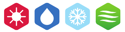 A set of four icons with a sun , water , snowflake , and heat.