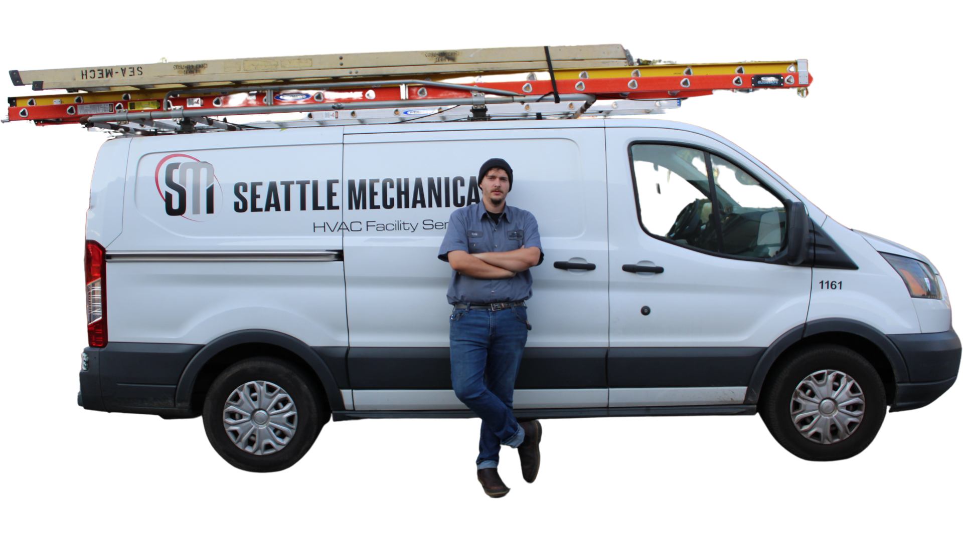 A man is leaning against a seattle mechanics van