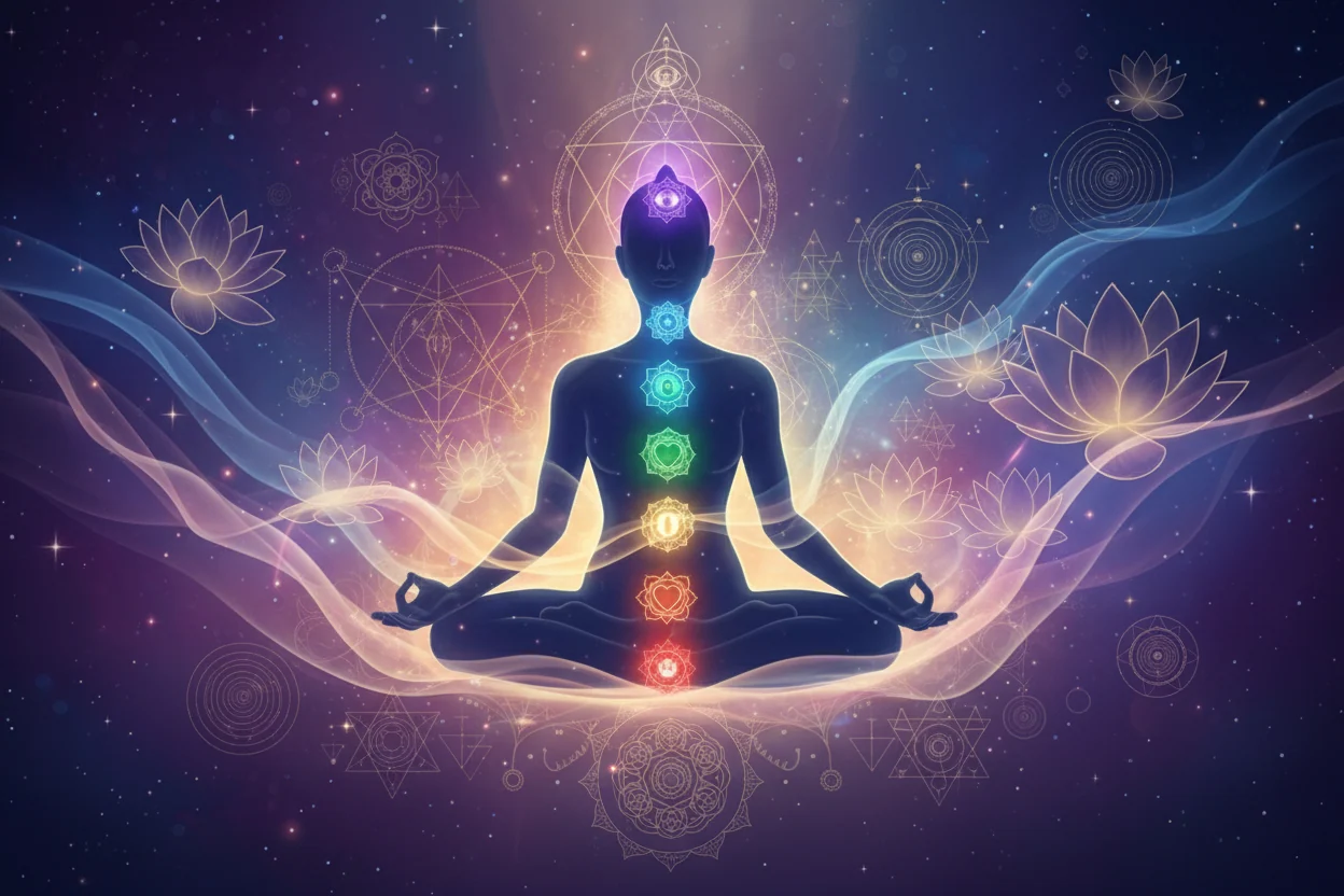 Silhouette meditating at sunset with glowing chakra points and floating crystals over a cloudy sky