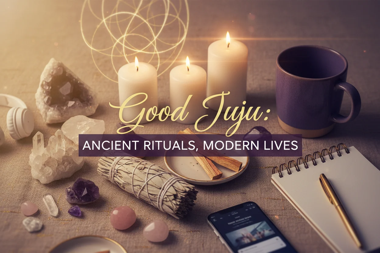 Candlelit crystal and incense altar on a wooden table by a window, with flowers, bowls, and a smoky censer