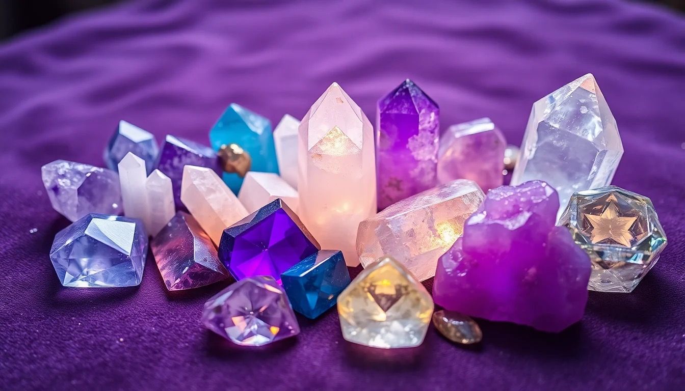 Hands holding glowing purple crystals in a sunlit meadow with rainbow light and wildflowers