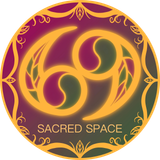 Circular gold and purple logo with a triquetra symbol and the words “SACRED SPACE”